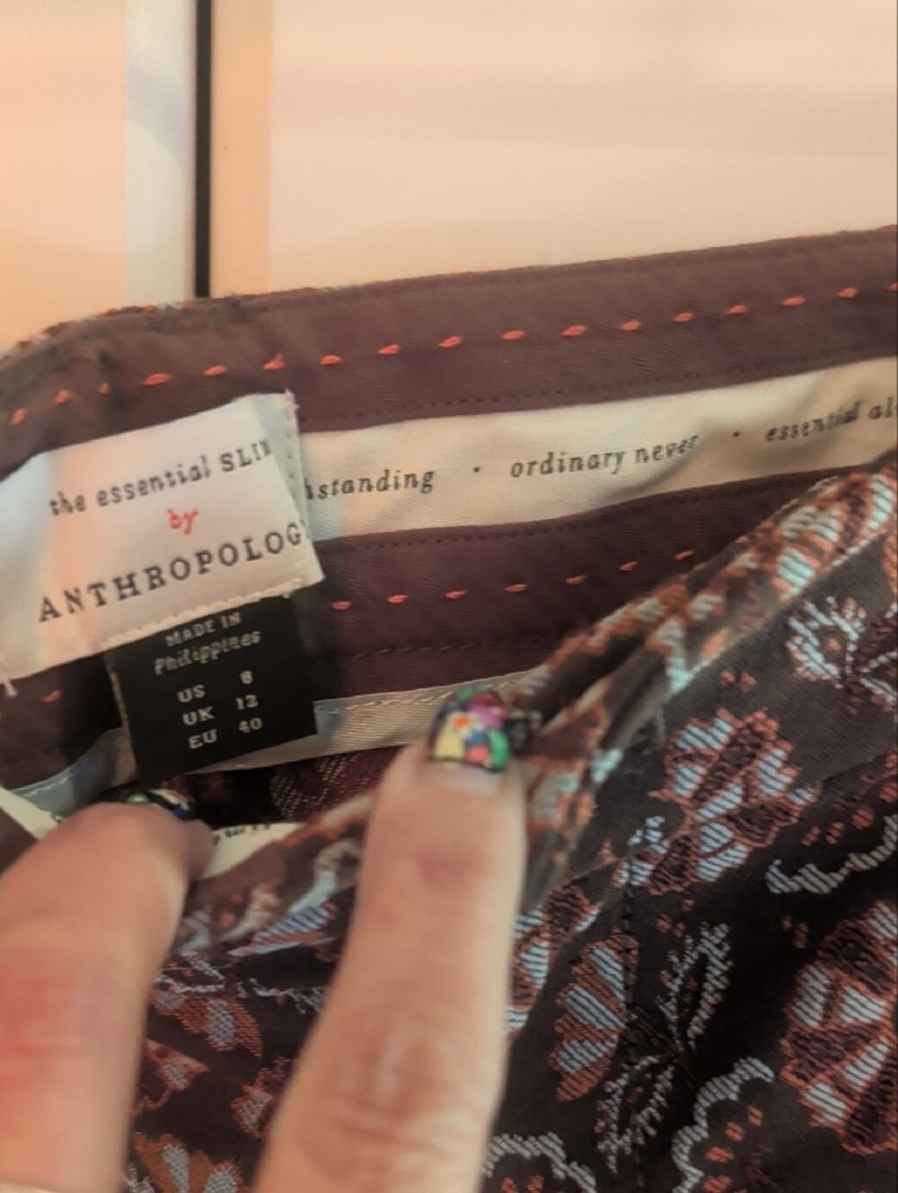 Anthropologie Brown and Dusty Pink Floral Slim Pants - Picture 2 of 7